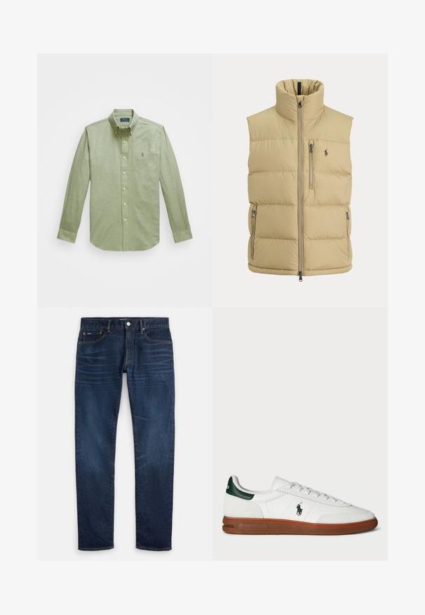 Beige gewatteerd vest met hoge kraag, ritssluiting aan de voorkant, één borstzak met rits, twee zijritszakken en klein geborduurd logo op de borst.; Lichtgroen langemouwige overhemd met knoopsluiting, voorzien van een puntige kraag, een klein geborduurd logo op de borst en parelknopen.; Donkerblauwe slim-fit jeans met subtiele vervaging op de dijen, ontwerp met vijf zakken en een knoopsluiting in de tailleband.; Witte leren sneaker met groene hielaccent, textuur van suède panel, rubberen zool en geborduurd logo op de zijkant. Voorzien van een vetersluiting.