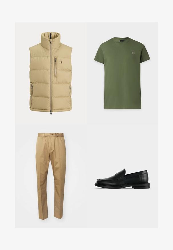 Beige Steppweste mit hohem Kragen, Frontreißverschluss, einer Brusttasche mit Reißverschluss, zwei seitlichen Reißverschlusstaschen und kleinem gesticktem Logo auf der Brust.; Schlichtes olivgrünes kurzärmeliges Baumwoll-T-Shirt mit kleinem, mehrfarbig besticktem Zebra-Logo auf der linken Brust.; Beige Hose mit elastischem Taillengummi und verstellbarem Kordelzug. Glatte Textur, gerade Beine und minimalistisches Design.; Schwarzer Leder-Pennyloafer für Herren mit niedrigem, gestapeltem Absatz und abgerundetem Zehenbereich, von der Seite auf hellgrauem Hintergrund gezeigt.