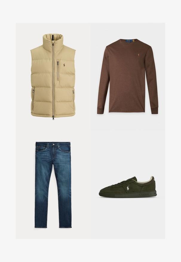 Beež padi-vest, kõrge kraega, esikinnisega, ühe rinnatasku tõmblukuga, kahe küljetasku tõmblukuga ja väikese tikitud logoga rinnal.; Pruun pika varrukaga Polo Ralph Lauren särk, ümmarguse kaelusega ja vasakpoolsel rinnal väikese tikitud logoga.; Tumesinised kitsad teksad esiküljel nööbi ja tõmblukuga, viie taskuga ning peene tuhmumisega reite ja põlvede eesosas.; Tume roheline seemisnahast madala säärega toss paeltega, Polo Ralph Laureni logo küljel ja kandipaelal, valge sisemine vooder ning tekstuuriga tald.