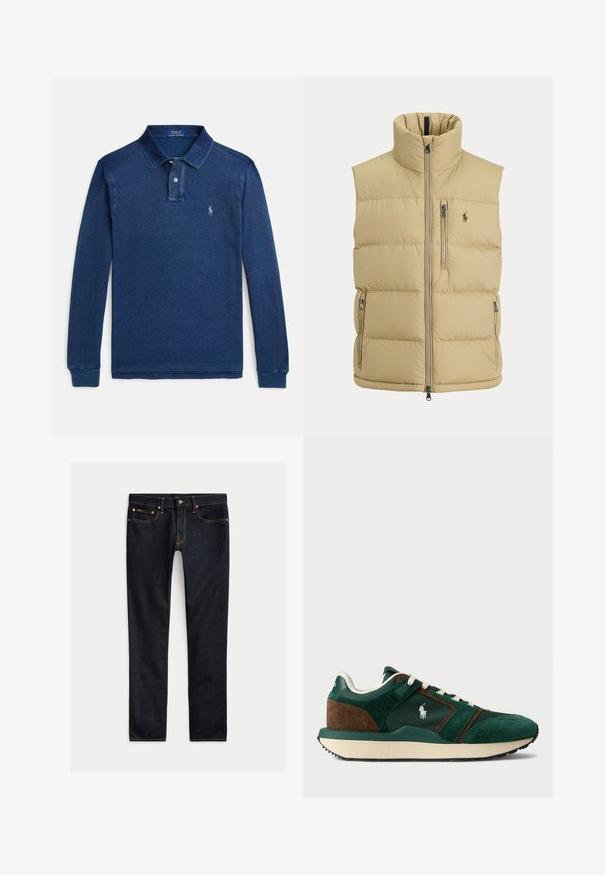 Beež padi-vest, kõrge kraega, esikinnisega, ühe rinnatasku tõmblukuga, kahe küljetasku tõmblukuga ja väikese tikitud logoga rinnal.; Tumesinine pikka varrukaga polo-särk puuvillasegust, millel on klassikaline krae, kahe-klõpsuga plokk ja väike tikitud logo rinnal.; Tumedassinised kitsad teksad viie tasku, nööp-kinnituse ja kontrastõmblustega, tasapinnal heledal taustal.; Meeste spordijalatsid tumeroheline ja pruun nahk, koos võrkpaneelidega, valgete paeltega ja kummist tallaga. Küljel on logo.
