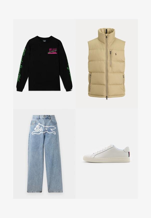 Beige Steppweste mit hohem Kragen, Frontreißverschluss, einer Brusttasche mit Reißverschluss, zwei seitlichen Reißverschlusstaschen und kleinem gesticktem Logo auf der Brust.; Schwarzes Langarm-T-Shirt aus Baumwolle, mit pinken und grünen Grafiken auf der Brust und an den Ärmeln. Einfaches Rundhals-Design und gerippte Bündchen.; Helleblaue Denim-Jeans mit einer lockeren, weiten Passform. Auf der Rückseite befindet sich ein weißes Grafikdesign eines laufenden Katers. Klassisches Fünf-Taschen-Design.; Weiße Ledersneaker mit einer glatten Textur, runder Spitze, flacher Sohle und einfarbigen Schnürsenkeln. Besitzt einen bunten gestreiften Akzent an der Ferse.