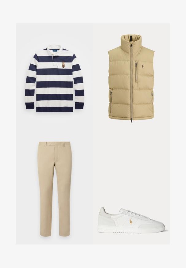 Beige toppaliivi korkealla kauluksella, edessä vetoketju, yksi rintatasku vetoketjulla, kaksi sivutaskua vetoketjulla ja pieni kirjailtu logo rinnassa.; Polo Ralph Lauren CLASSIC FIT POLO BEAR RUGBY SHIRT - Pitkähihainen paita - blu; Beige puuvillahousut suoraan leikkauksella, joissa on vyölenkit, tasainen etuosa ja räätälöidyt helmat. Silkka tekstuuria ja minimaalista yksityiskohtaa.; Valkoinen matala kenkäinen tennari nyörityksellä, kultainen Polo Ralph Lauren -logo sivulla ja kuvioitu pohja tasaisella taustalla.