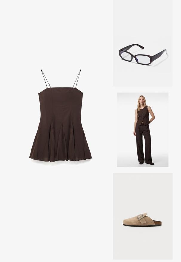 Mujer de pie con una mano detrás de la espalda, vestida con un chaleco sin mangas marrón oscuro abotonado y pantalones anchos a juego, contra un fondo blanco.; Vestido marrón sin mangas con corsé ajustado y falda línea A plisada. Presenta tirantes delgados ajustables y textura de tela suave.; Sandalia de ante beige tipo slip-on con una correa de hebilla, puntera redondeada y una plantilla de corcho texturizada. Suela exterior de goma negra. Diseño minimalista.; Gafas rectangulares de carey marrón con lentes transparentes y patillas elegantes, que muestran una textura suave y un diseño minimalista.
