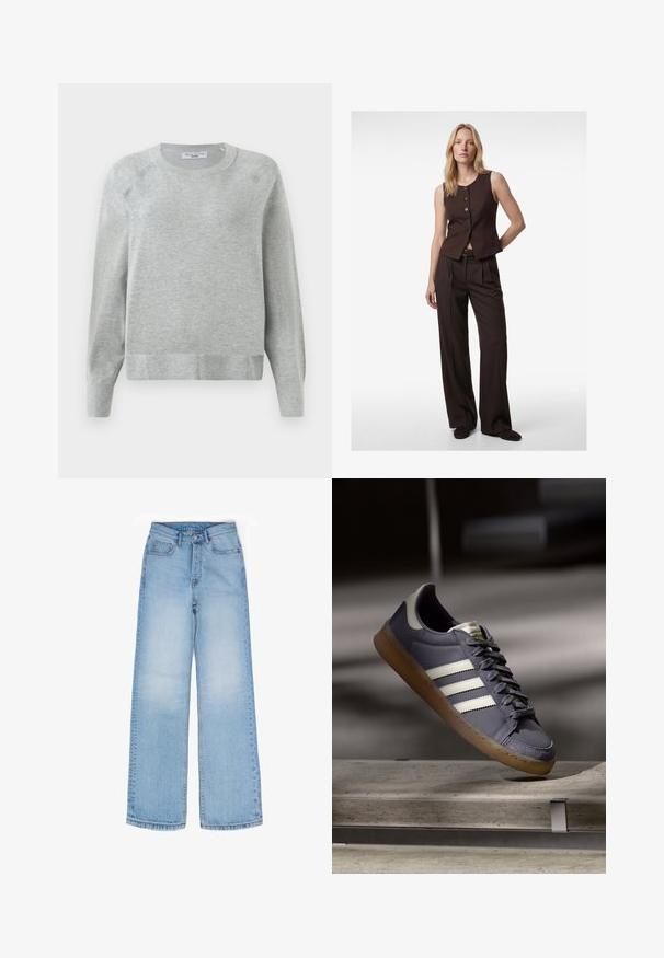 Kvinde stående med hånden bag ryggen, iført ærmeløs mørkebrun vest med knapper og matchende bukser med vide ben mod hvid baggrund.; Lys grå crewneck sweater med lange ærmer, ribbede manchetter og kant, lavet af blødt materiale, med en subtil tekstur hele vejen igennem.; Lyseblå, vide denimbukser med klassisk fem-lomme-design, der har en knap- og lynlås lukning samt diskrete falmende detaljer.; Grå sneakers med hvide striber. Læderoverdel, struktureret tåhætte og gummisål. Har snøring foran og polstret krave for komfort.