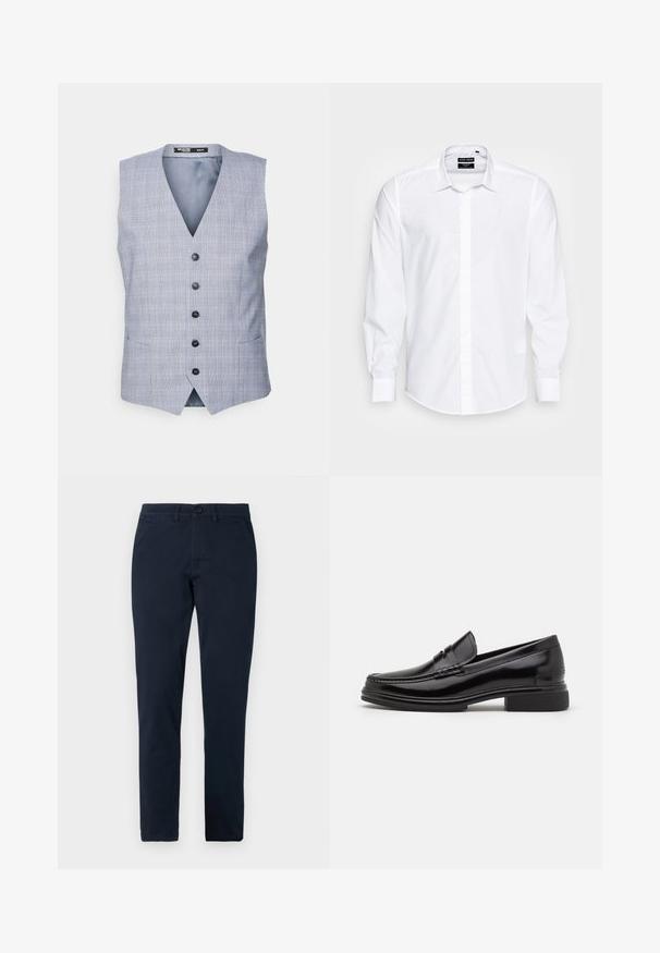 Selected Chaleco - blue; Camisa blanca de manga larga fabricada en una tela suave, con cuello abotonado y parte frontal recta con tapeta oculta.; Pantalones negros de corte ajustado para hombre con cierre frontal de botón y cremallera, trabillas para cinturón y bolsillos laterales.; Mocasines de cuero negro con punta redondeada, que presentan un detalle cosido a través del empeine y un tacón bajo y cuadrado. Textura suave y acabado brillante.