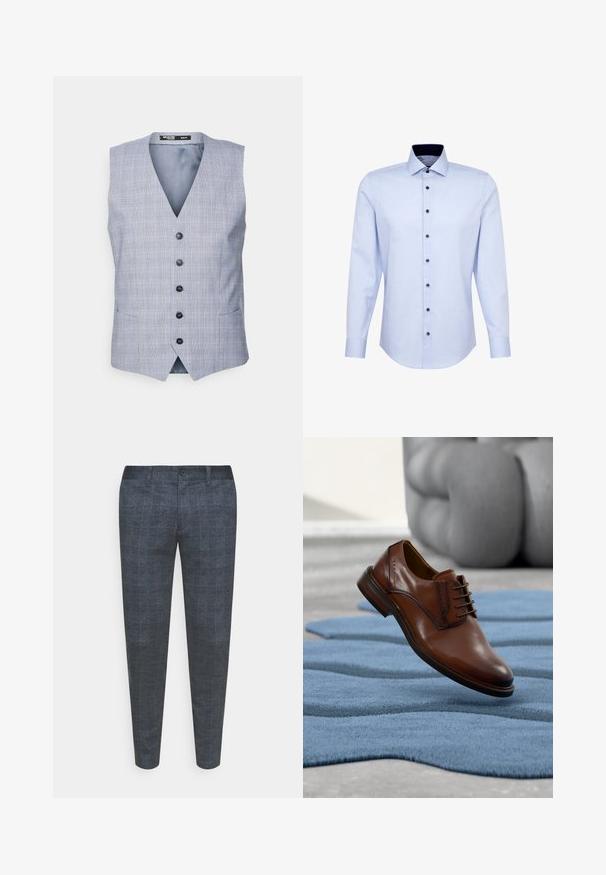 Selected Veste sans manches - blue; Chemise habillée bleu clair à manches longues avec des boutons foncés et un col intérieur contrastant foncé, présentée sur un fond blanc.; Pantalons gris foncé à motif à carreaux, avec fermeture à bouton et coupe ajustée. Le tissu a une apparence texturée et est lisse.; Chaussure habillée en cuir marron avec lacets posée sur un tapis bleu texturé, avec un canapé gris flou en arrière-plan.