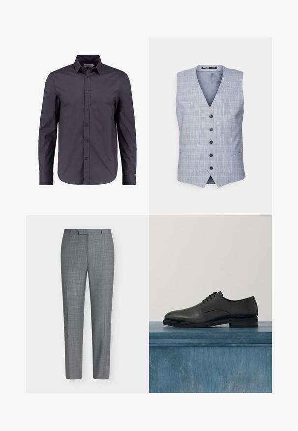 Selected Vest - blue; Mørk navy blå langærmet skjorte lavet af glat bomuld, med knaplukning fortil, klassisk krave og en skræddersyet pasform.; Grå, slanke bukser med et subtilt ternet mønster, bæltestropper og en flad front på en ensfarvet hvid baggrund.; Sorte læderdress sko med en glat overflade, snørebåndsdesign, rund tå og en kontrastfarvet stikning omkring sålen.