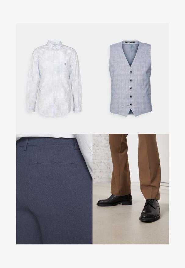 Selected Chaleco - blue; Camisa de cuadros azul claro con botones y mangas largas, cuello y pequeño logo en el pecho. Hecha de algodón y con una textura suave.; Pantalones ajustados azul marino hechos de una tela texturizada con frente plano, bolsillo trasero sutil y líneas limpias. Sin herrajes visibles ni adornos.; Zapatos de cuero negro con superficie lisa y puntera redonda, que presentan cierre con cordones y una suela baja y plana. Combinados con pantalones marrones.