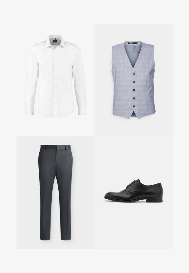 Selected Vest - blue; Hvid langærmet skjorte lavet af glat stof, med klassisk krave, knaplukning foran og manchetter med enkeltknapper. Ingen mønstre eller detaljer.; Mørkegrå formelle bukser med bæltestropper og pressekiler, vist på en ensfarvet lys baggrund.; Sort læderherresko med rund tå, seks snørehuller, glat overflade og en lav stablet hæl. Med diskret syning detaljer.