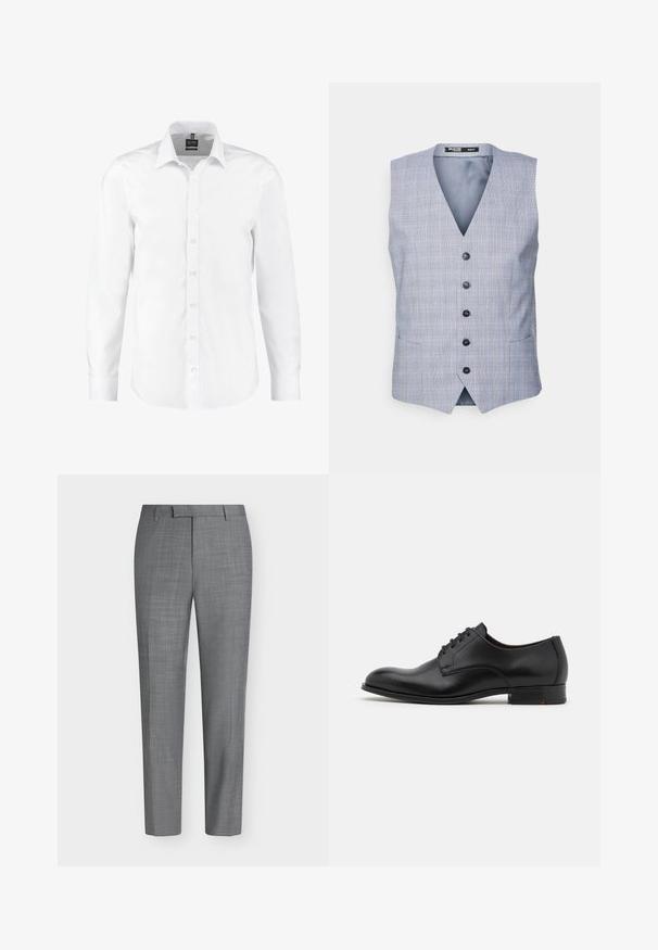 Selected Vest - blue; Hvid langærmet skjorte lavet af glat stof, med klassisk krave, knaplukning foran og manchetter med enkeltknapper. Ingen mønstre eller detaljer.; Grå, slanke bukser med et subtilt ternet mønster, bæltestropper og en flad front på en ensfarvet hvid baggrund.; Sort læderherresko med rund tå, seks snørehuller, glat overflade og en lav stablet hæl. Med diskret syning detaljer.