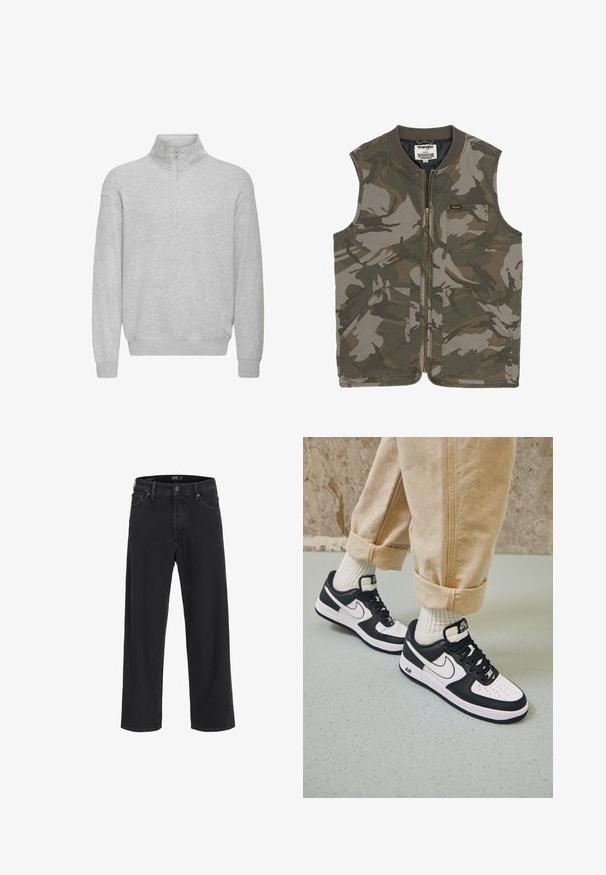 Veste camouflage avec fermeture éclair à l'avant, col côtelé, deux poches frontales et un petit patch logo. Conçue en tissu durable.; Sweat-shirt gris clair à manches longues avec un col montant, une fermeture éclair devant sur la moitié, des poignets et un ourlet côtelés.; Jean en denim noir à jambe droite avec fermeture à bouton et à zip, passants de ceinture, et poches avant et arrière.; Baskets Nike Air Force 1 en noir et blanc avec un dessus en cuir, orteil perforé et détail de semelle texturée, portées avec un pantalon beige retroussé et des chaussettes blanches.