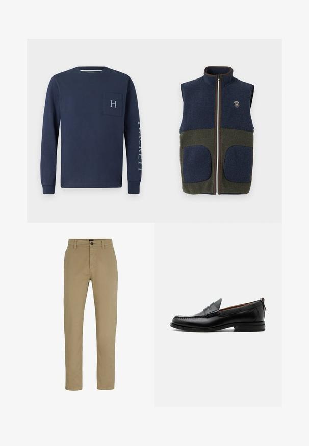 Chaleco de forro polar con sección superior en azul marino y sección inferior en verde oliva, con cremallera y bolsillos marrones, y un logo en el pecho.; Camisa de manga larga en color azul marino, hecha de algodón, que presenta un bolsillo en el pecho con un logo de "H" y el texto "HACKETT" impreso en la manga izquierda.; Chinos de algodón beige con un ajuste slim, frente plano y cierre de botón. Presenta trabillas para cinturón y bolsillos laterales para mayor funcionalidad.; Mocasín de hombre de piel negra con costura moc toe, tira penny, cuello texturizado y tacón bajo apilado sobre fondo blanco.