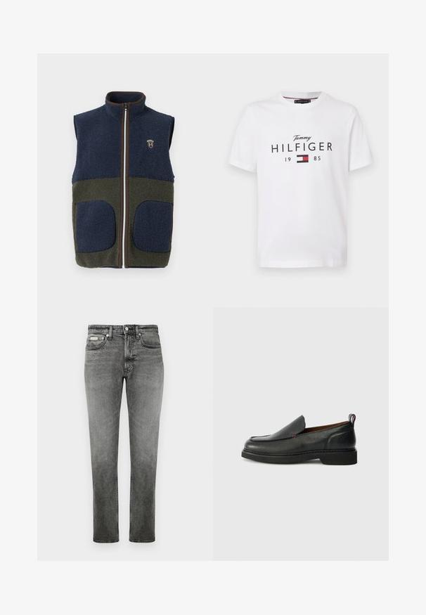 Fleece-Weste mit einem marineblauen oberen Teil und einem olivgrünen unteren Teil, braunem Reißverschluss und Taschen sowie einem Logo auf der Brust.; Weißes T-Shirt mit kurzen Ärmeln, auf dem "Tommy Hilfiger 1985" steht, sowie dem rot-weißen und schwarzen Tommy Hilfiger-Flaggenlogo auf der Vorderseite.; Graue gerade geschnittene Jeans aus Denim mit Vordertaschen, Gürtelschlaufen, Knopfverschluss und dezenten Ausbleichungen.; Schwarzer Leder- Slipper mit runder Spitze, strukturiertem Obermaterial, kontrastierender roter Naht und niedrigem Absatz. Verfügt über eine Schlaufe zum Ziehen.
