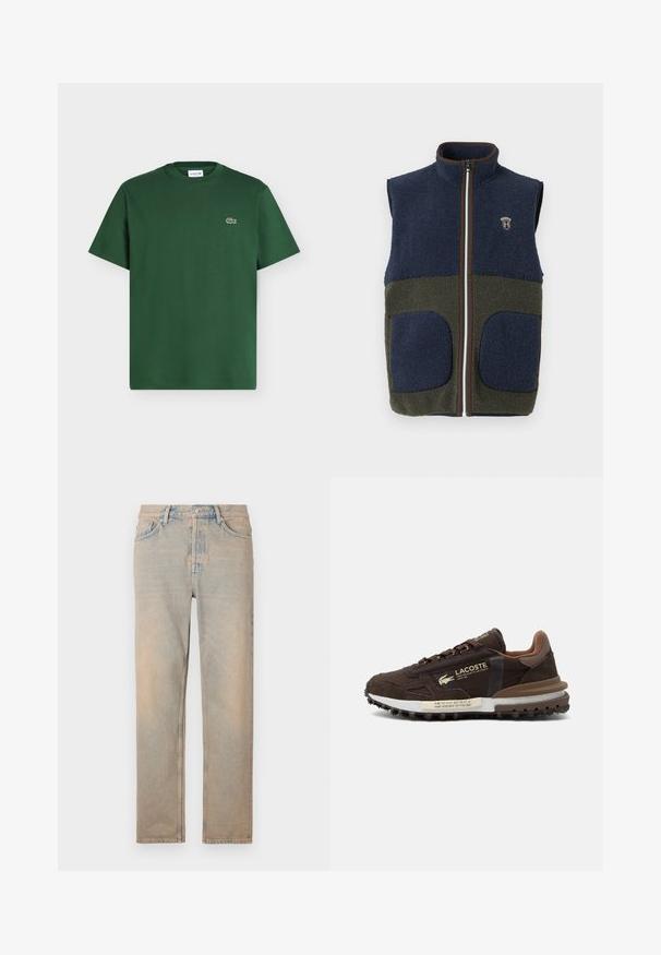 Gilet en polaire avec une partie supérieure bleu marine et une partie inférieure vert olive, doté d'une fermeture éclair et de poches marron, et d'un logo sur la poitrine.; T-shirt en coton vert foncé à manches courtes, col rond, avec petit logo crocodile Lacoste sur le côté gauche de la poitrine.; Jeans en denim beige clair à coupe droite. Comprend cinq poches, une fermeture à bouton et un léger délavage sur la surface du tissu.; Baskets marron Lacoste en daim et tissu mélangés, semelle texturée, logo et texte imprimé sur le côté et la semelle intermédiaire.