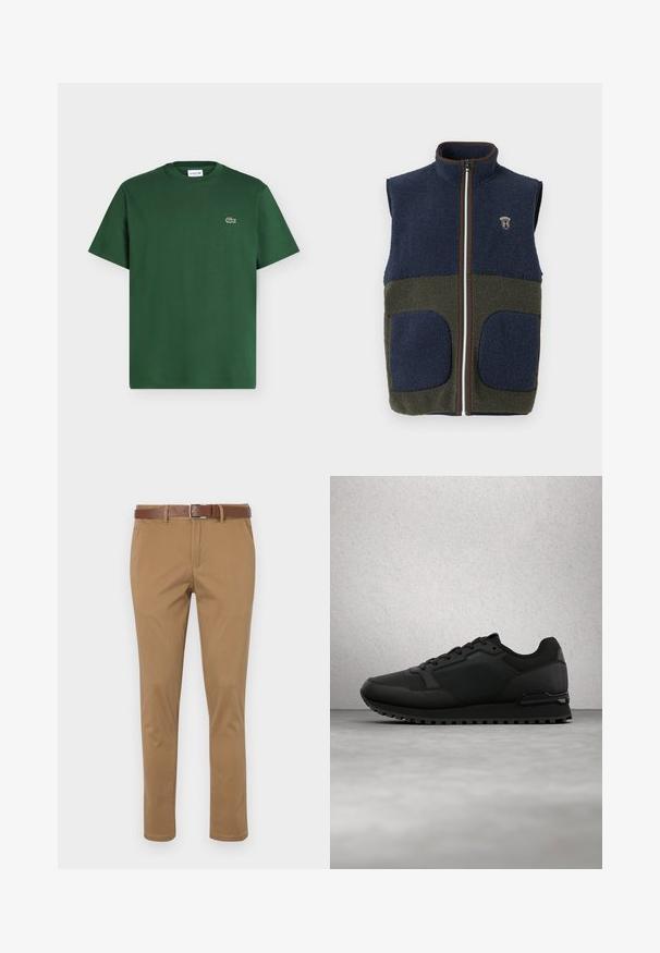 Chaleco de forro polar con sección superior en azul marino y sección inferior en verde oliva, con cremallera y bolsillos marrones, y un logo en el pecho.; Camiseta de algodón de manga corta en verde oscuro con cuello redondo y pequeño logo del cocodrilo de Lacoste en el pecho izquierdo.; Pantalones chinos en tono canela con un acabado texturizado, que presentan bolsillos laterales inclinados, cierre de botón y cremallera, y un cinturón de cuero marrón.; Zapatilla negra BOSS con tejido texturizado y paneles de cuero, cordones atados, flotando sobre un suelo de hormigón gris cerca de bloques de vidrio.