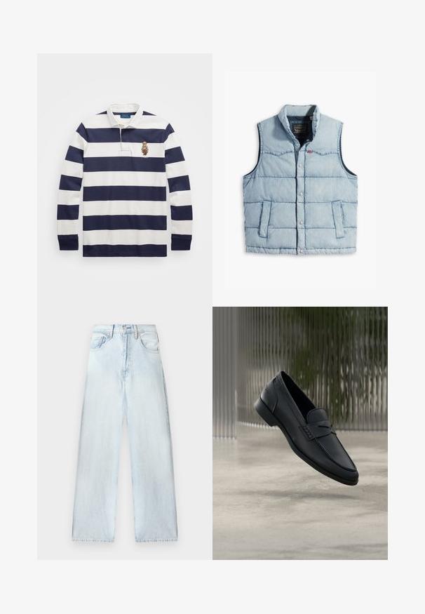 helehall sinine puffer-vest denimkangast, millel on kõrge krae, klõpsnööbid ja kaks küljetaskut. Nähtav õmblustega paneelide kujundus.; Polo Ralph Lauren CLASSIC FIT POLO BEAR RUGBY SHIRT - Pikkade varrukatega topp - blu; Heledad sinine teksapüksid, laia lõikega, kõrge vöökoht, viie tasku disain ja sirged sääred. Pleekinud tekstuur koos nähtavate õmblustega.; Mustast nahast jalanõu, sileda viimistlusega, terava ninaga ja vändas nähtava õmblusega. Madal konts ja minimalistlik disain.