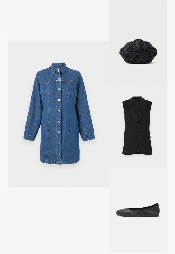 Zwarte mouwloze blazer met een notch lapel, twee voorzakken en één knoopsluiting. Glad textuur en op maat gemaakt ontwerp.; CLOSED FITTED DRESS - Spijkerjurk - mid blue; Zwarte leren ballerina met een ronde neus, gladde textuur, minimale stikdetails en een flexibele zoolontwerp.; Zwarte gevlochten handtas in de vorm van een sint-jakobsschelp met een gebogen bovenkant en een geweven textuur op een effen achtergrond.