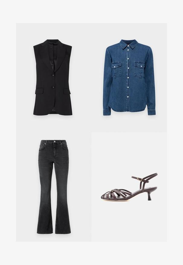Zwarte mouwloze blazer met een notch lapel, twee voorzakken en één knoopsluiting. Glad textuur en op maat gemaakt ontwerp.; Donkerblauwe jeanshemd, met een kraag, knoopsluiting aan de voorkant en twee borstzakken met kleppen. Lange mouwen met knoopmanchetten.; CLOSED JOVANNA - Slim fit jeans - dark grey; Donkerbruine leren sandaal met bandjes en kitten heel, verstelbare gesp rond de enkel, op witte achtergrond.