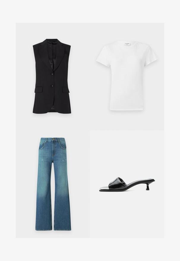 Sort ærmeløs blazer med slagkrave, to frontlommer og enkeltknaplukning. Glat tekstur og skræddersyet design.; Hvid bomulds t-shirt med rund hals og korte ærmer, præsenteret i et afslappet fit og minimalistisk design. Etiketten er synlig ved halsen.; Bredde bukser i blå denim med en lysvask gradient, med fem-lomme design, lynlås i taljen og detaljer med messingknap ved taljen.; Sort laklæder mule med åben tå, lav kittenhæl og bred rem over tæerne, vist i sideprofil mod en ensfarvet baggrund.