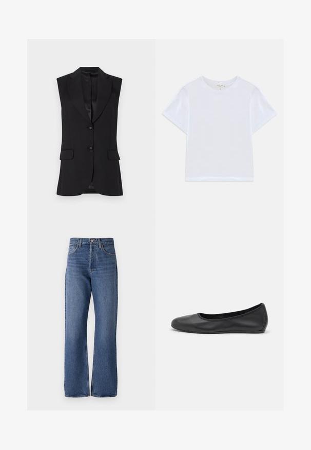 Sort ærmeløs blazer med slagkrave, to frontlommer og enkeltknaplukning. Glat tekstur og skræddersyet design.; Hvid cropped t-shirt lavet af blødt bomuld, med rund hals og korte ærmer og en let løs pasform. Ingen mønstre eller accenter.; Blå denim jeans med høj talje, bred ben silhuet, klassisk fem-lomme design og subtilt falmende effekt i hele stoffet.; Sort læderballetsko med rund tå, glat tekstur, minimal syning og et fleksibelt såldesign.