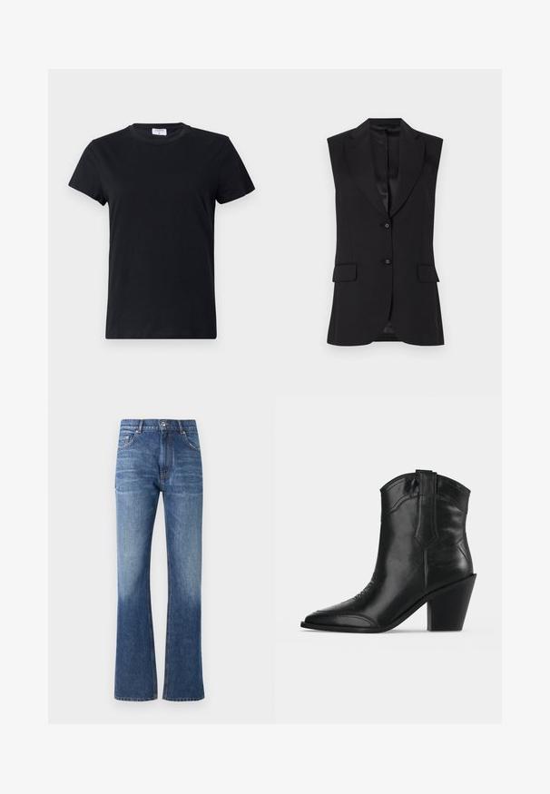 Blazer sans manches noir avec revers cranté, deux poches avant et fermeture à bouton unique. Texture lisse et design ajusté.; T-shirt noir à manches courtes en coton, avec un col rond et une texture simple et lisse, sans motif imprimé ni accents.; Jean en denim bleu évasé avec une taille haute, décoloration subtile, cinq poches et couture en cuivre sur les coutures. Design classique de jambe droite.; Bottine noire en cuir avec bout pointu, coutures décoratives, languette de tirage et talon bloc épais sur fond clair uni.