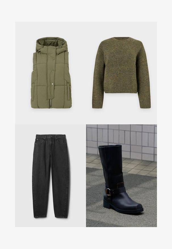 Olivgrüne gepolsterte Weste mit Kapuze, Druckknopfverschluss, Seitentaschen und einem Reißverschluss am unteren Ende. Weicher, strukturiertes Gewebe mit gep quiltetem Design.; Grüner Wollpullover mit Rundhalsausschnitt, gerippten Bündchen und Saum, strukturiertem Stoff und einem leicht lockeren Schnitt.; Schwarze Jeans aus Denim mit geradem Beinverlauf, ausgestattet mit fünf Taschen, einem Knopfverschluss und dezenten Ziernähten. Klassisches Design und Textur.; Schwarzer Lederstiefel bis zur Mitte der Wade mit niedrigem Absatz und dekorativem Riemen mit Metallschnalle, stehend auf einer grau gepflasterten Oberfläche nahe einer gefliesten Wand.
