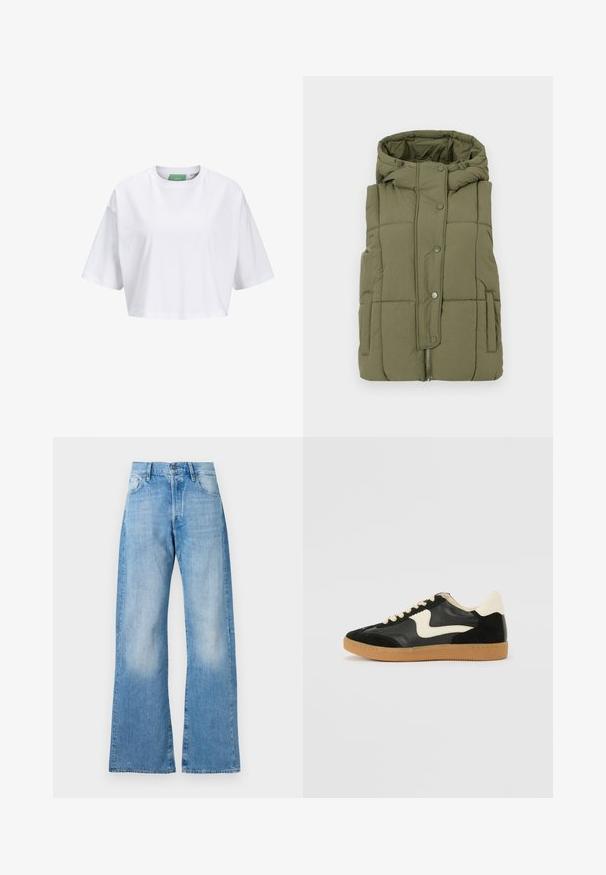 Olivengrøn polstret vest med hætte, trykknaplukning, sidelommer og lynlås i bunden. Blødt, tekstureret stof med quiltet design.; Hvid cropped t-shirt lavet af bomuld, med korte ærmer og rund hals. Grøn label indeni med synligt mærkenavn.; Lysblå denim flared jeans med høj talje, fem lommer og klassisk knaplukning. Har diskret slid og en afslappet pasform.; Sorte ruskinds- og lædersneakers med en cremefarvet side-swoosh og lys cremefarvet hæl. Har beige snørebånd og en gummirubber-sål.