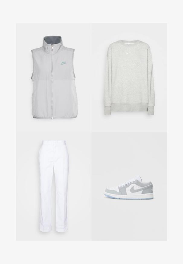 Nike Sportswear VEST - Vest - pewter/smoke grey; Lys grå crewneck sweatshirt lavet af blød stof, med et lille hvidt Nike-logo på brystet samt ribbede manchetter og kant.; Hvide, lige ben bukser lavet af bomuld. Har flad front, bæltesløjfer og ingen synlige lommer. Glat tekstur og minimalistisk design.; Nike-sneakers med en blanding af gråt og hvidt læder, perforeret tå, snørebånd og en lys blå ydersål med logodetaljer.