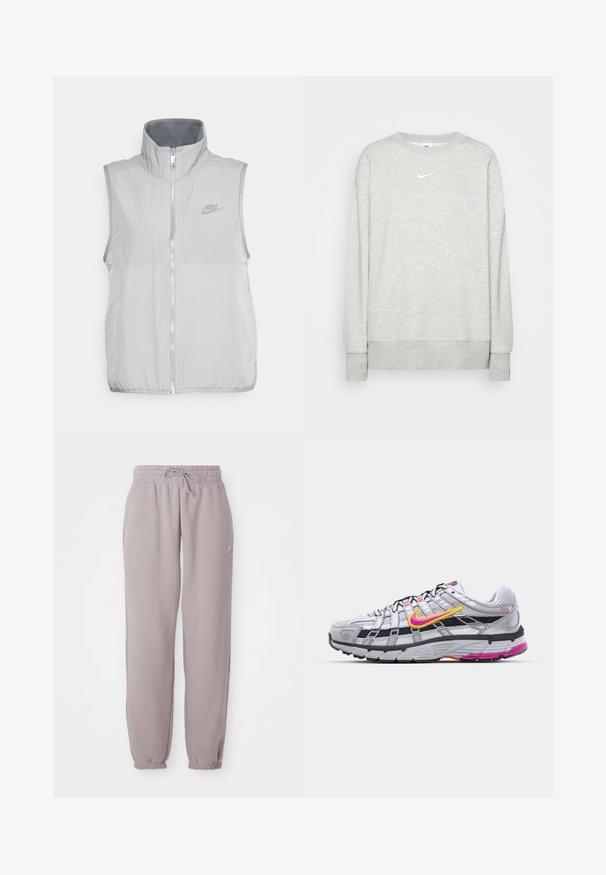 Nike Sportswear VEST - Vesta - pewter/smoke grey; Svetlá šedá mikina s krátkym rukávom vyrobená z mäkkého textilu, s malým bielym logom Nike na hrudi a rebrovými manžetami a lemom.; Svetlomauve flísové tepláky s elastickým pásom, šnúrkou, bočnými vreckami a elastickými manžetami, zobrazené položené na bielom pozadí.; Šedé bežecké topánky z materiálu mesh s charakteristickým ružovým a žltým piktogramom, čiernymi akcentmi a textúrovanou gumovou podrážkou. Obsahujú zosilnenú špičku a polstrovaný golier.