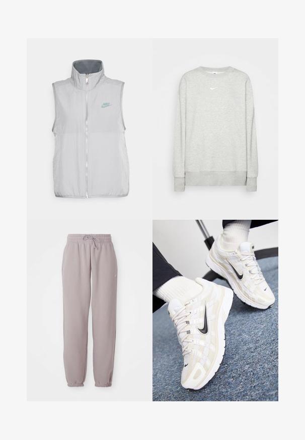 Nike Sportswear VEST - Vest - pewter/smoke grey; Lys grå crewneck sweatshirt lavet af blød stof, med et lille hvidt Nike-logo på brystet samt ribbede manchetter og kant.; Lys mauve fleece sweatpants med elastisk talje, snor, sidelommer og elastiske manchetter, vist fladt mod en hvid baggrund.; Hvide og beige Nike sneakers med en mesh-overdel, tekstureret overflade, sort swoosh og en polstret sål med en skridsikker ydersål.