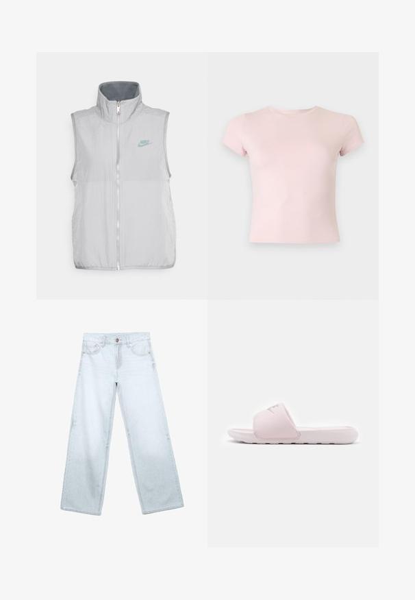 Nike Sportswear VEST - Vest - pewter/smoke grey; Lyserød tætsiddende T-shirt med korte ærmer og rund halsudskæring på en ensfarvet lys baggrund.; Lyseblå vidde jeans med frontlommer, bæltestropper og knaplukning på hvid baggrund.; Rosa slidessandal med fleksibel gummisål, polstret rem og minimalistisk design. Har et logo på remmen og en glat overflade.