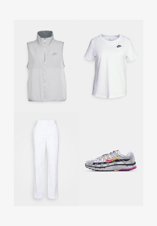 Nike Sportswear VEST - Veste - pewter/smoke grey; Balts kokvilnas T-krekls ar apaļu kakla izgriezumu un īsām piedurknēm. Uz kreisās krūšu daļas atrodas melns Nike logotips.; Baltas, taisnas kāju bikses, izgatavotas no kokvilnas. Piedāvā plakanu priekšpusi, jostas cilpas un nav redzamu kabatu. Gluda tekstūra un minimālisma dizains.; Pelēkie sieta skriešanas apavi ar izteiktu rozā un dzelteno zīmolzīmi, melniem akcentiem un teksturētu gumijas zoli. Iinclude pastiprinātu pirkstu daļu un mīkstinātu apkaklīti.