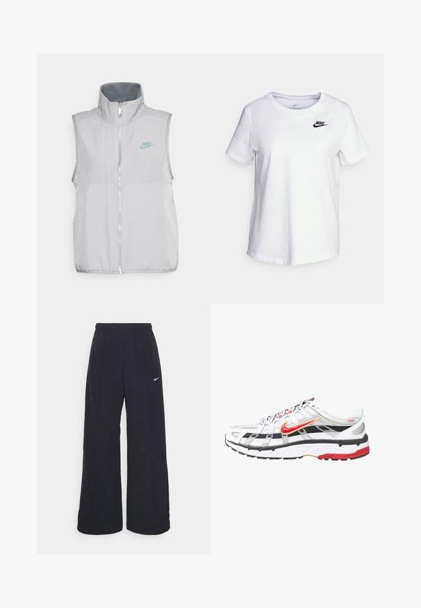 Nike Sportswear VEST - Liivi - pewter/smoke grey; Valkoinen puuvillapaita, jossa on pyöreä kaula-aukko ja lyhyet hihat. Paidassa on musta Nike-logo vasemmassa ylärintakaarteessa.; Mustat leveät housut, joissa on joustava vyötärönauha ja pieni valkoinen Nike-logo. Kangas on sileä, suunniteltu mukavuutta ja rentoa käyttöä varten.; Valkoiset ja mustat urheilukengät, joissa on punaisia ja kultaisia yksityiskohtia. Ominaisuuksia ovat verkkokangas päällinen, pehmustettu pohja ja turvallinen nauhoitusdesign.