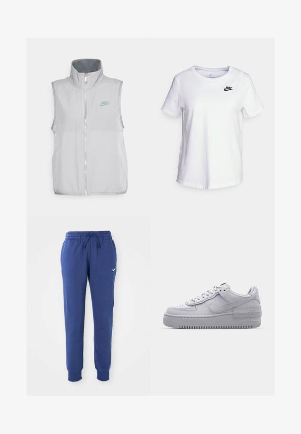 Nike Sportswear VEST - Vest - pewter/smoke grey; Hvid bomulds t-shirt med rund halsudskæring og korte ærmer. Har et sort Nike-logo i det øverste venstre brystområde.; Blå Nike sweatpants med elastisk talje, snøre, afsluttende ankler og hvid Nike swoosh-logo på venstre lår.; Grå Nike Air Force 1 sneakers med perforeret tå, glat læderoverdel, tyk sål og præget 'AIR' detalje på hælen.