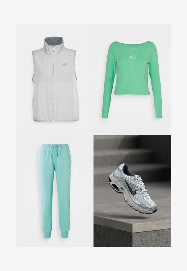 Nike Sportswear VEST - Vesta - pewter/smoke grey; Dlhý rukáv, skrátená, mentolovo zelená košeľa vyrobená z hladkej bavlny, s okrúhlym výstrihom a bielym logom Nike Air na hrudi.; Mentolové tepláky s elastickým pásom, šnúrkou na stiahnutie a rebrovanými manžetami. Na ľavom stehne sa nachádza malé biele logo Nike.; Bielo-sivá bežecká topánka Nike s čiernym logom vznášajúca sa nad betónovým hranolom na rozmazanom sivom pozadí.