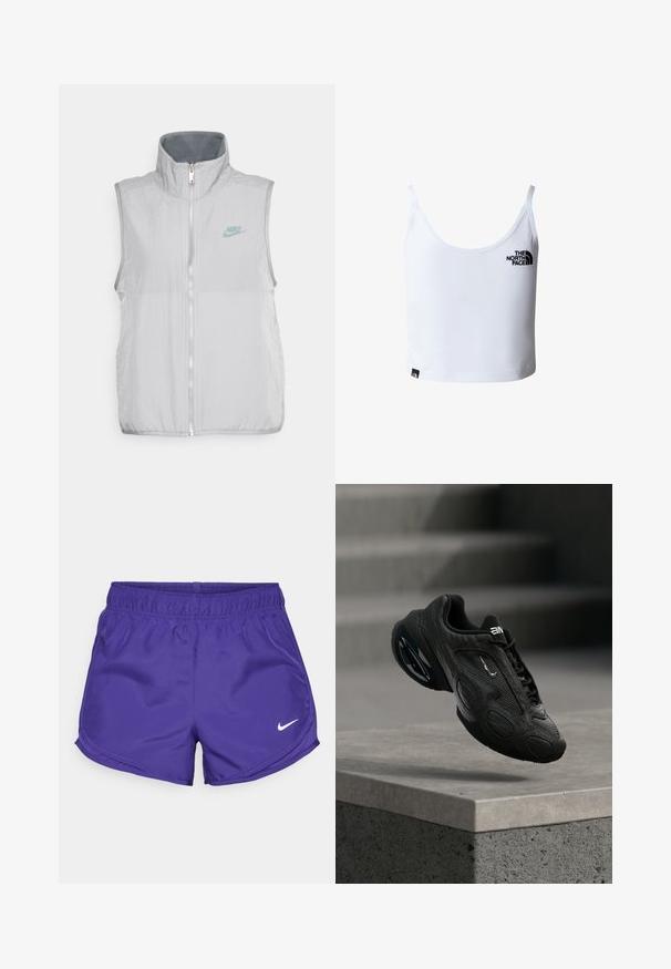 Nike Sportswear VEST - Vesta - pewter/smoke grey; Biely krátky top s tenkými ramienkami, s čiernym logom The North Face na hrudi a blízko dolného lemu.; Fialové športové šortky vyrobené z hladkej látky, s elastickým pásom a bielym logom Nike na spodnej pravej strane.; Čierna športová obuv s textúrovaným koženým zvrškom, výrazným logom a polstrovanou podrážkou. Obsahuje abstraktné vzory a hladké, zaoblené doplnky.