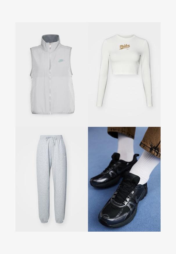 Nike Sportswear VEST - Vest - pewter/smoke grey; Hvid langærmet crop top lavet af glat stof, med et guld Nike-logo tryk på brystet og en klassisk rund halsudskæring.; Lysgrå sweatpants lavet af blød bomuldsblanding, med elastisk talje og snoretræk, tapered ben og ribbede manchetter. Minimal brandingdetalje.; Sorte Nike-sneakers med mesh og syntetisk materiale, der har en struktureret overdel, sorte snørebånd og holdbare gummisåler. Hvide ribstrikkede sokker er synlige.