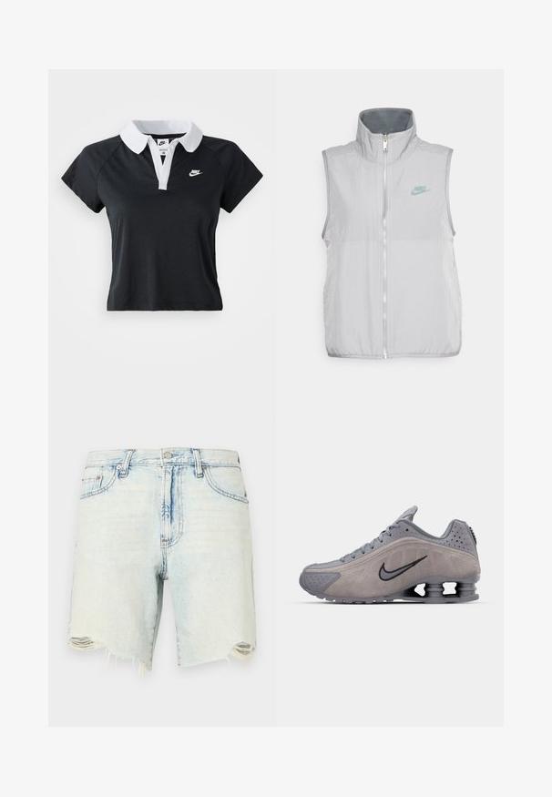 Nike Sportswear VEST - Vesta - pewter/smoke grey; Čierna polokošeľa s krátkym rukávom a bielym golierom, so zapínaním na prednej strane a malým bielym logom Nike na ľavej hrudi.; Svetlomodré rifľové šortky s ošúchanými lemami a potrhanými dierami pri spodnej časti, vybavené prednými vreckami, opaskovými očkami a zapínaním na gombík.; Sivá semišová športová obuv s zakriveným dizajnom, so šnurovaním, čiernym logom swoosh a viditeľnou tlmiacou jednotkou v päte.