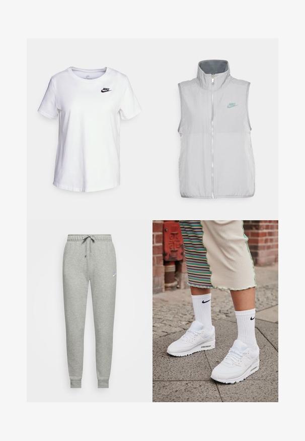 Nike Sportswear VEST - Vest - pewter/smoke grey; Hvid bomulds t-shirt med rund halsudskæring og korte ærmer. Har et sort Nike-logo i det øverste venstre brystområde.; Grå sweatpants lavet af blødt stof, med elastisk talje og snørebånd, ribbede manchetter og et lille logo på venstre lår.; Hvide Nike Air Max 90 sneakers med mesh og læderoverdel, der har en synlig luftenhed, parret med hvide ribbede sokker med sort logo.
