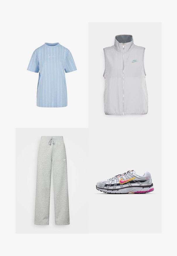 Nike Sportswear VEST - Γιλέκο - pewter/smoke grey; Ανοιχτό μπλε μπλουζάκι με οριζόντιες λευκές ρίγες, κοντά μανίκια, ψηλή λαιμόκοψη και διακριτό κεντητό λογότυπο μπροστά.; Γκρίζα φόρμα με ελαστική μέση, λεπτομέρεια με κορδόνι και μικρό λευκό λογότυπο Nike στο αριστερό μηρό. Μαλακό ύφασμα, χαλαρή εφαρμογή.; Γκρι διχτυωτό παπούτσι τρεξίματος με χαρακτηριστική ροζ και κίτρινη λωρίδα, μαύρες λεπτομέρειες και υφασμάτινη λαστιχένια σόλα. Διαθέτει ενισχυμένη μύτη και επενδεδυμένο κολάρο.