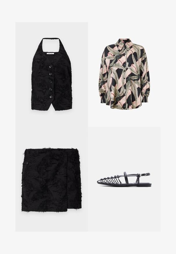 Gilet noir en tissu texturé avec des motifs en relief, décolleté en V, et six boutons à l'avant. Encolure halter, sans manches, conception cropped.; Chemise à boutons en mélange de soie, avec une base noire ornée d'un motif de feuilles abstraites en vert et rose. Manches bouffantes avec des poignets élastiques.; Jupe noire en tissu texturé avec des accents effilochés. Forme carrée, longueur au-dessus du genou et détail de bouton sur le côté.; Sandale plate noire avec plusieurs fines lanières, bride à boucle à la cheville et design cage à bout ouvert sur fond blanc.