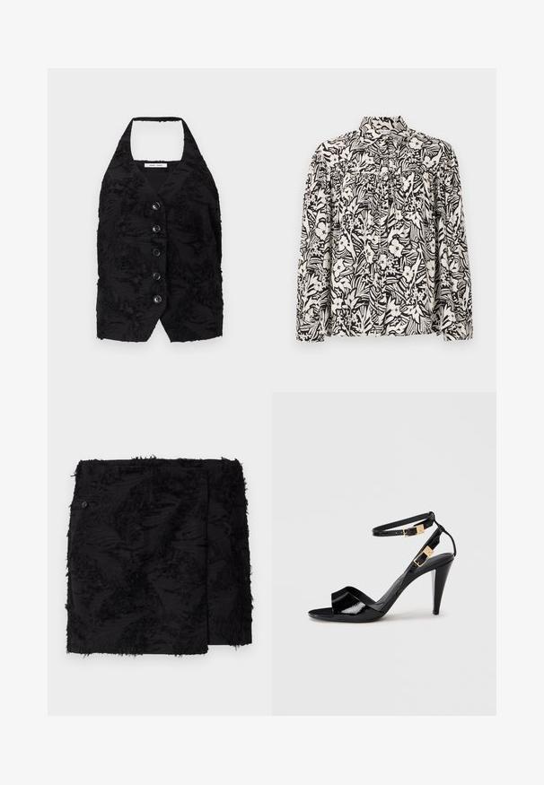Sort vest med en tekstureret stof, der har ophøjede mønstre, V-halsudskæring og seks knapper foran. Halterneck, uden ærmer, cropped design.; Langærmet skjorte i sort-hvid blomsterprint, med høj krave, samlet for og løs pasform. Fremstillet af let stof.; Sort nederdel med tekstureret stof, der har frynsede detaljer. Firkantet form, over knæ længde og en sideknap detalje.; Sorte patentlæder højhælede sandaler med dobbelte ankelremme og guldspænder, åben tå og slank taperet hæl på neutral baggrund.