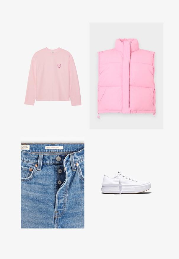 Roze mouwloos gewatteerd vest met hoge kraag, ritssluiting aan de voorkant verborgen onder een stoffen flap en verstelbare trekkoorden aan de zoom.; Lichtroze sweatshirt met lange mouwen, gemaakt van zachte stof. Kenmerkt zich door een klein geborduurd hartje op de linkerkant van de borst. Ribboord halslijn en manchetten.; Lichtblauwe spijkerbroek met een rechte enkelafwerking. Bevat vijf zakken, twee metalen knopen en zichtbare oranje stiksels. Labels aanwezig.; Witte lage canvas sneaker met dikke plateauzool, veters aan de voorkant en rubberen toeskap met structuur, zijaanzicht.