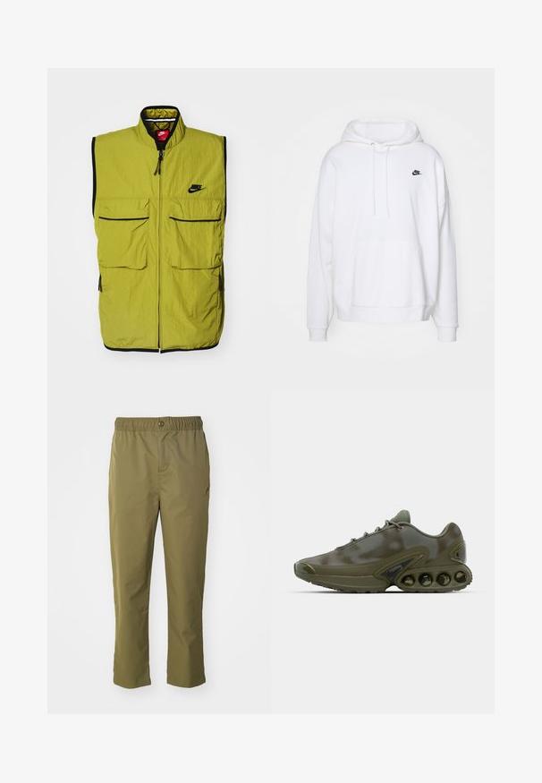 Roheline käisteta vest, millel on kaks eesmist klapikotit, tõmblukuga sulgemine ja must äär; rinnal on Nike logo. Tekstuuriga kangas.; Valge kapuutsiga dressipluus, mis on valmistatud pehmest kangast, millel on ees suletav tasku, kapuutsi nöörid ja väike must Nike logo rinnal.; Olive roheline püksid, millel on elastsest materjalist vöökoht, nööpkinni ja mugav lõige. Valmistatud kergetest kangast, sisaldab küljetaskuid.; Tume roheline spordijalats tekstuuriga pealmise osaga, nööridega kinnitamine ja silmapaistev tallaosa, mis sisaldab kuut nähtavat õhkpadja üksust.