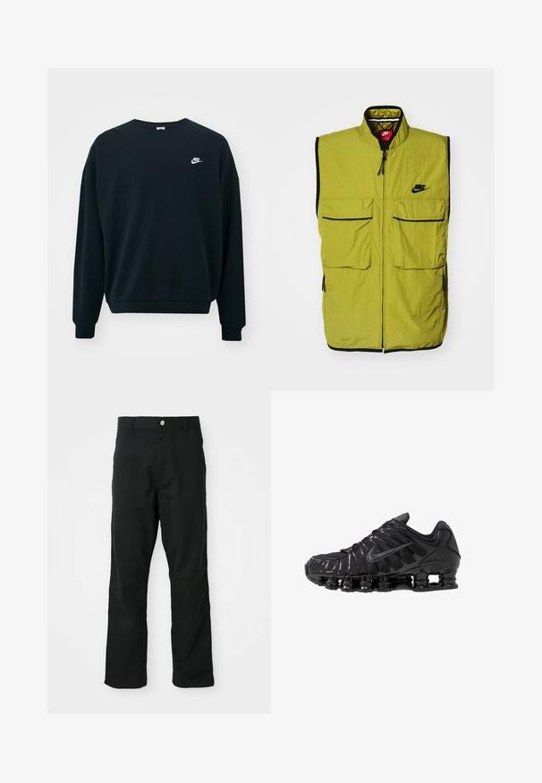 Roheline käisteta vest, millel on kaks eesmist klapikotit, tõmblukuga sulgemine ja must äär; rinnal on Nike logo. Tekstuuriga kangas.; Must mustaga Nike pikendatud varrukatega, ümar kaelus ja soonikkoes mansetid. Vasakul rinnal on valge Nike logo.; Mustad sirgedega püksid, millel on nupuga ja tõmbluku sulgemine, vöökohad ja küljetaskud, esitatud valge tausta ees.; Mustad võrgu- ja sünteetilisest materjalist sportlikud jalanõud, millel on eriline laineline disain, must kummist talla ja peegeldavad lisandid.