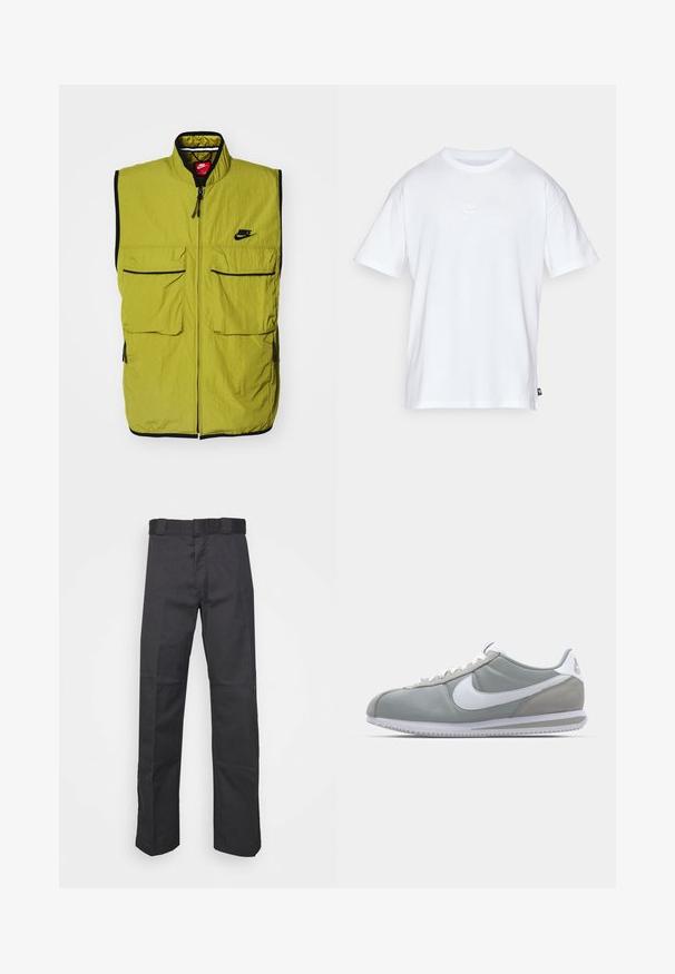 Grøn ærmeløs vest med to forlommer, lynlås lukning og sort kant; har Nike-logoet på brystet. Struktureret stof.; Hvid bomulds T-shirt med korte ærmer og rund hals. Har et lille, diskret Nike-logo på brystet og et sidelabel.; Sorte bukser lavet af holdbart stof, med et lige ben-design, en talje med bæltesløjfer og sømme for ekstra struktur.; Grå atletisk sko med overdækning i ruskind og tekstil, hvid Nike swoosh og hvide snørebånd. Har en struktureret gummisål og polstret krave.