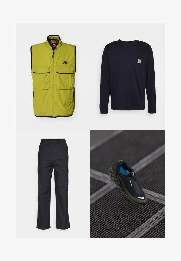 Chaleco verde sin mangas con dos bolsillos frontales de parche, cierre de cremallera y ribete negro; presenta el logo de Nike en el pecho. Tejido texturizado.; Camiseta de manga larga azul marino de algodón, con un bolsillo en el pecho que incluye un parche con logo. Dobladillo recto y puños de canalé.; Pantalones cargo negros con un diseño de pierna recta, que cuentan con bolsillos laterales y una tela texturizada. Cierre de botón en la cintura para un ajuste seguro.; Zapatilla Nike Air Max en negro y oliva con un cuerpo liso, cierre con cremallera y cápsulas de amortiguación de aire distintivas en la suela. Plantilla azul visible.