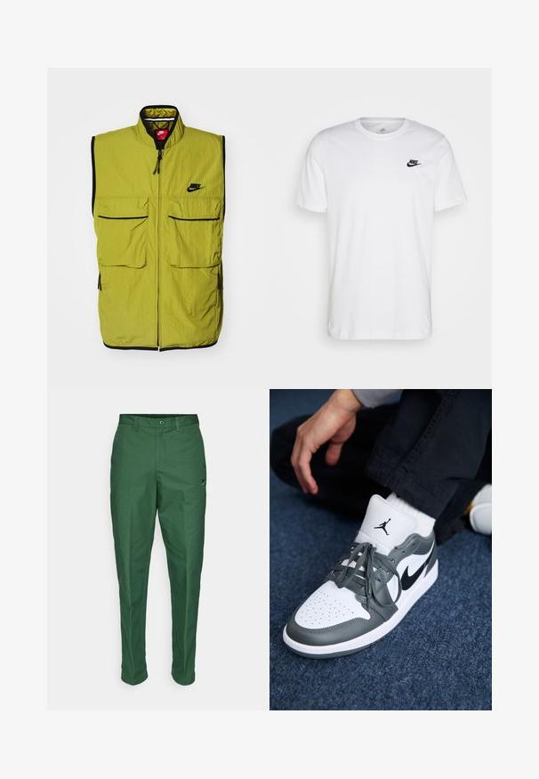 Zelená bezrúšková vesta so svetlými prednými vreckami, zipsom a čiernymi detailami; na hrudi sa nachádza logo Nike. Textúrovaná látka.; Biela bavlnená tričko s okrúhlym výstrihom, krátkymi rukávmi a čiernym logom Nike na ľavej hrudi. Jednoduchý, jednofarebný dizajn.; Zelené nohavice z hladkej látky, so štandardným strihom, plochým predným dielom a malým logom pri páse.; Tenisky Nike Air Jordan 1 v bielom a šedom koži, s čiernym logom, perforovanou špičkou a plochými šedými šnúrkami.
