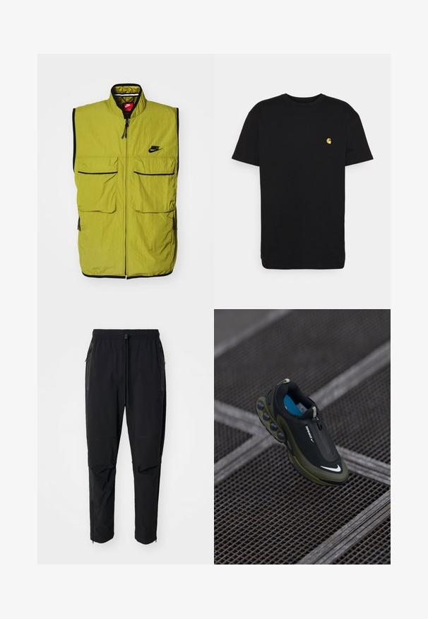 Groene mouwloze vest met twee voorzakken, ritssluiting en zwarte afwerking; heeft het Nike-logo op de borst. Gemaakt van textuurstof.; Zwarte katoenen t-shirt met korte mouwen, ronde hals en een klein geel logo op de linker borst. Eenvoudig ontwerp en normale pasvorm.; Zwarte, lichte buitenbroeken met een elastische tailleband en verstelbaar trekkoord. Beschikt over ritszakken en taps toelopende boorden.; Zwarte en olijfgroene Nike Air Max-schoen met een gladde bovenkant, ritssluiting en onderscheidende luchtkussens op de zool. Blauwe binnenzool zichtbaar.
