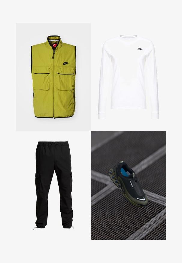 Groene mouwloze vest met twee voorzakken, ritssluiting en zwarte afwerking; heeft het Nike-logo op de borst. Gemaakt van textuurstof.; Witte lange mouwen T-shirt van katoen, met een klein zwart Nike-logo op de linkerkant van de borst en een ronde halslijn. Gladde textuur.; Zwarte cargobroek van duurzaam materiaal, met een elastische tailleband, verstelbare trekkoorden en zijzakken met kleppen.; Zwarte en olijfgroene Nike Air Max-schoen met een gladde bovenkant, ritssluiting en onderscheidende luchtkussens op de zool. Blauwe binnenzool zichtbaar.